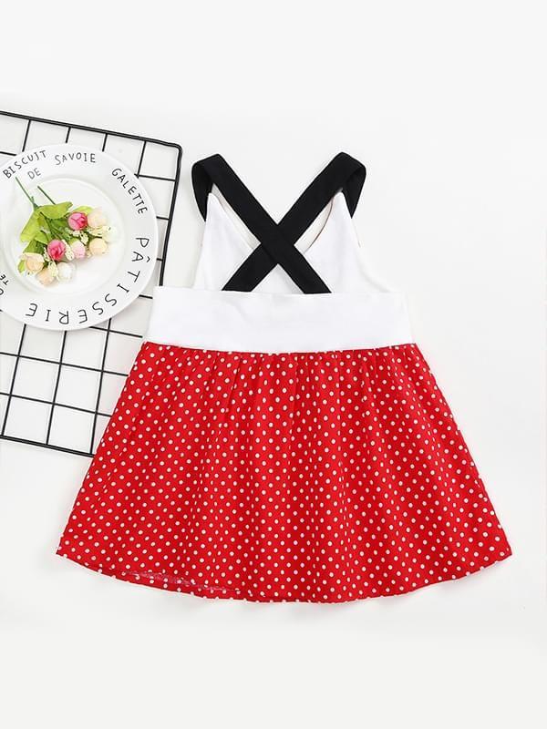 Fox Pattern Clothes Paneled Sleeveless Strapped Dress Bow Dots for for Baby Toddler Girls - dianjiang-