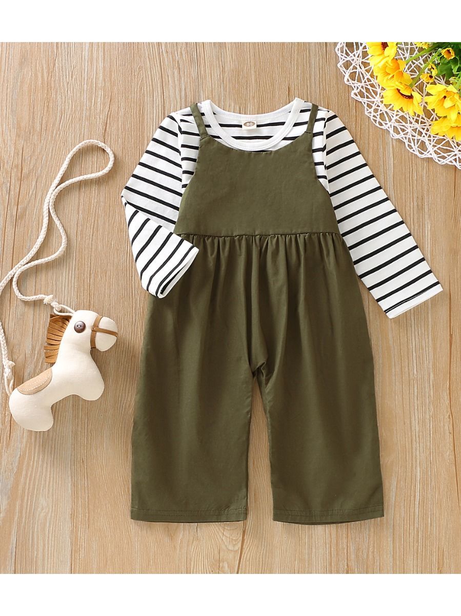 Fall 2-Piece Baby Toddler Girl Stripe Top & Solid Color Jumpsuit Set - dianjiang-