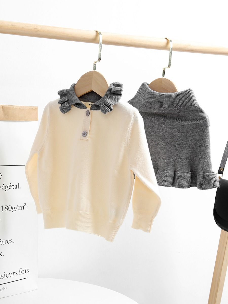 Fall 2-Piece Solid Color Knitted Sweater Matching Flutter Skirt Set - dianjiang-