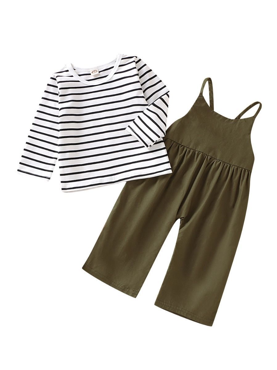 Fall 2-Piece Baby Toddler Girl Stripe Top & Solid Color Jumpsuit Set - dianjiang-