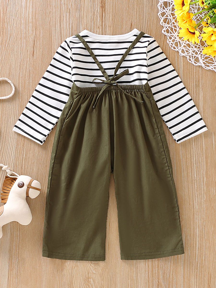 Fall 2-Piece Baby Toddler Girl Stripe Top & Solid Color Jumpsuit Set - dianjiang-