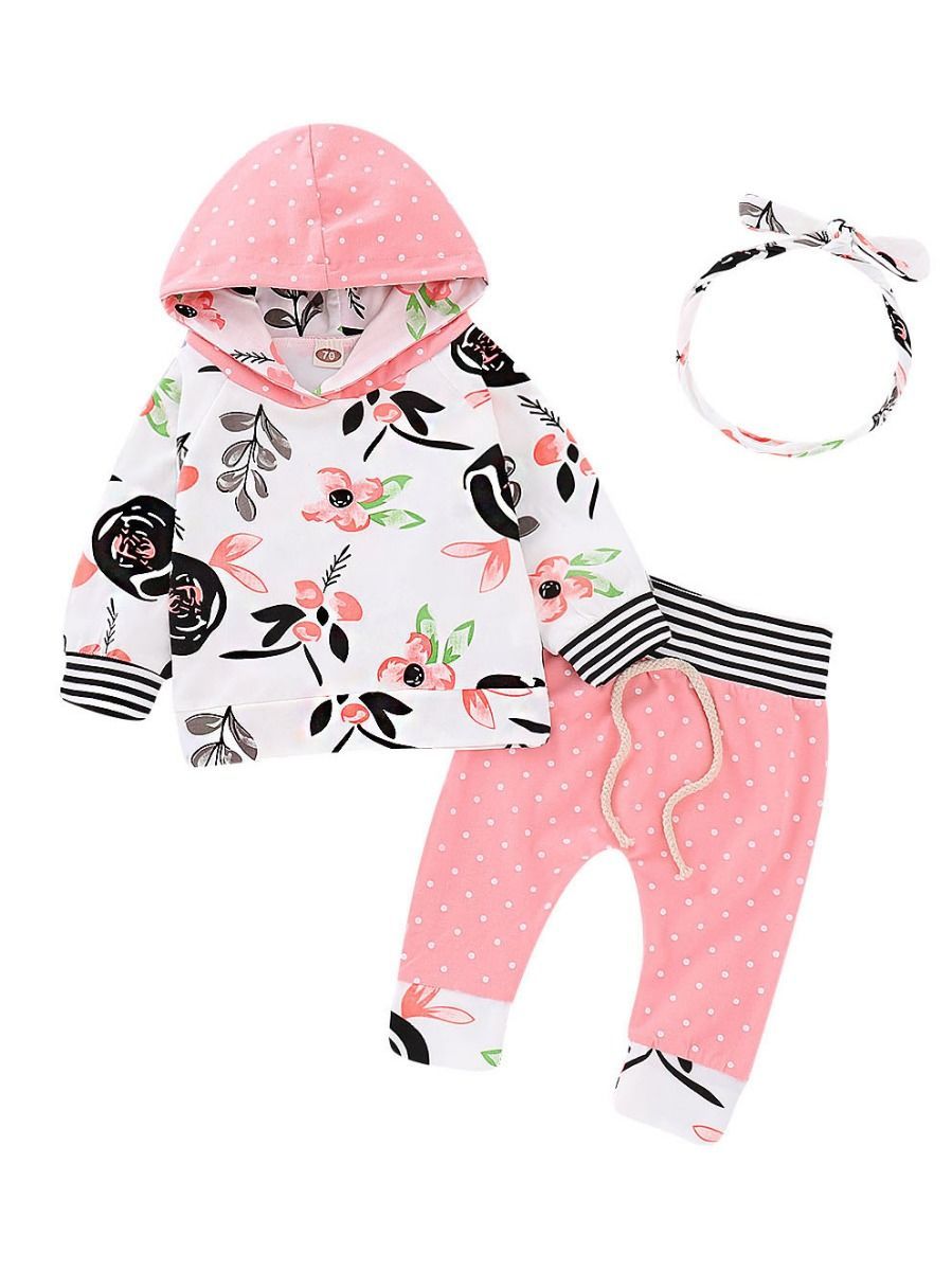 Fall 3-Piece Clothes Set Floral Hoodie Sweatshirt+Polka Dots Pants+Bow Headband - dianjiang-