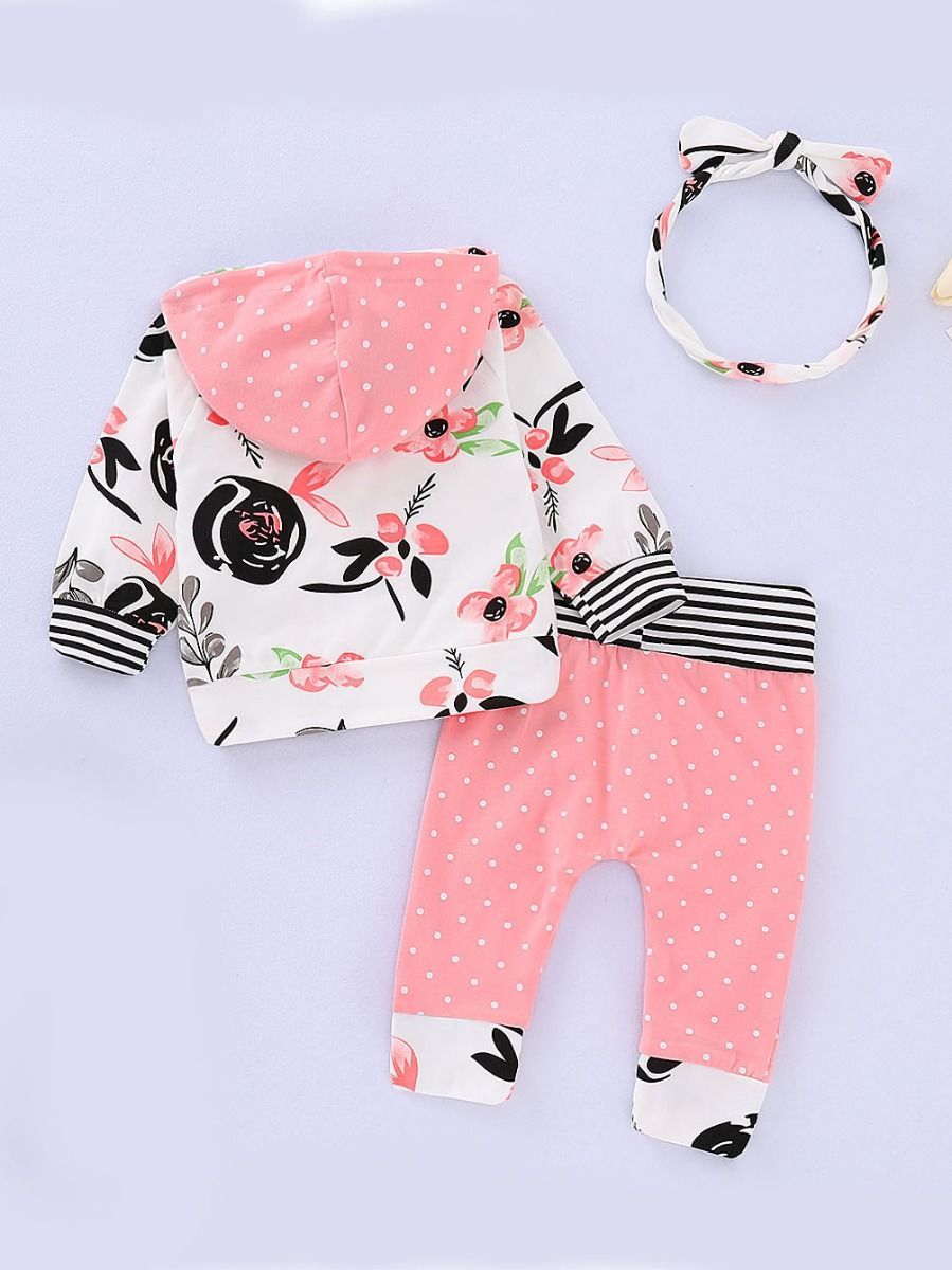 Fall 3-Piece Clothes Set Floral Hoodie Sweatshirt+Polka Dots Pants+Bow Headband - dianjiang-