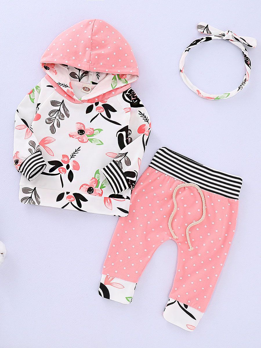 Fall 3-Piece Clothes Set Floral Hoodie Sweatshirt+Polka Dots Pants+Bow Headband - dianjiang-
