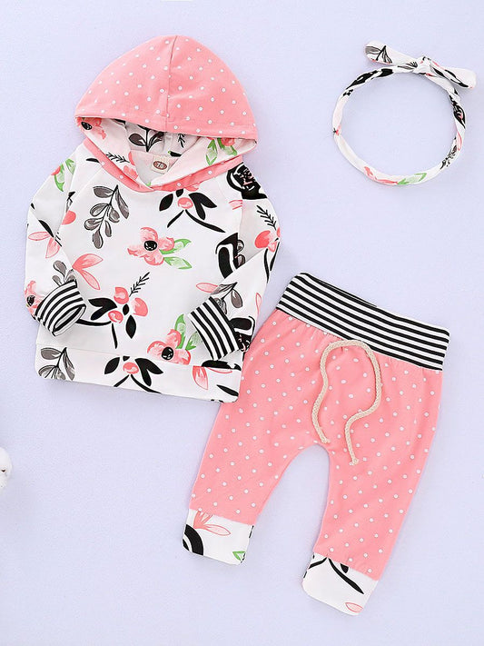 Fall 3-Piece Clothes Set Floral Hoodie Sweatshirt+Polka Dots Pants+Bow Headband - dianjiang-