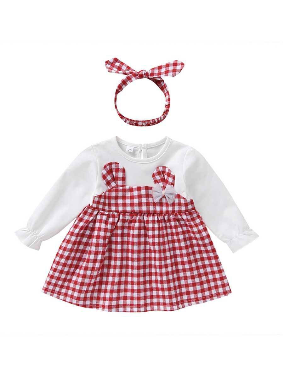 Fall Baby Girl Cute Outfit 2-Piece Plaid Dress Matching Headband - dianjiang-