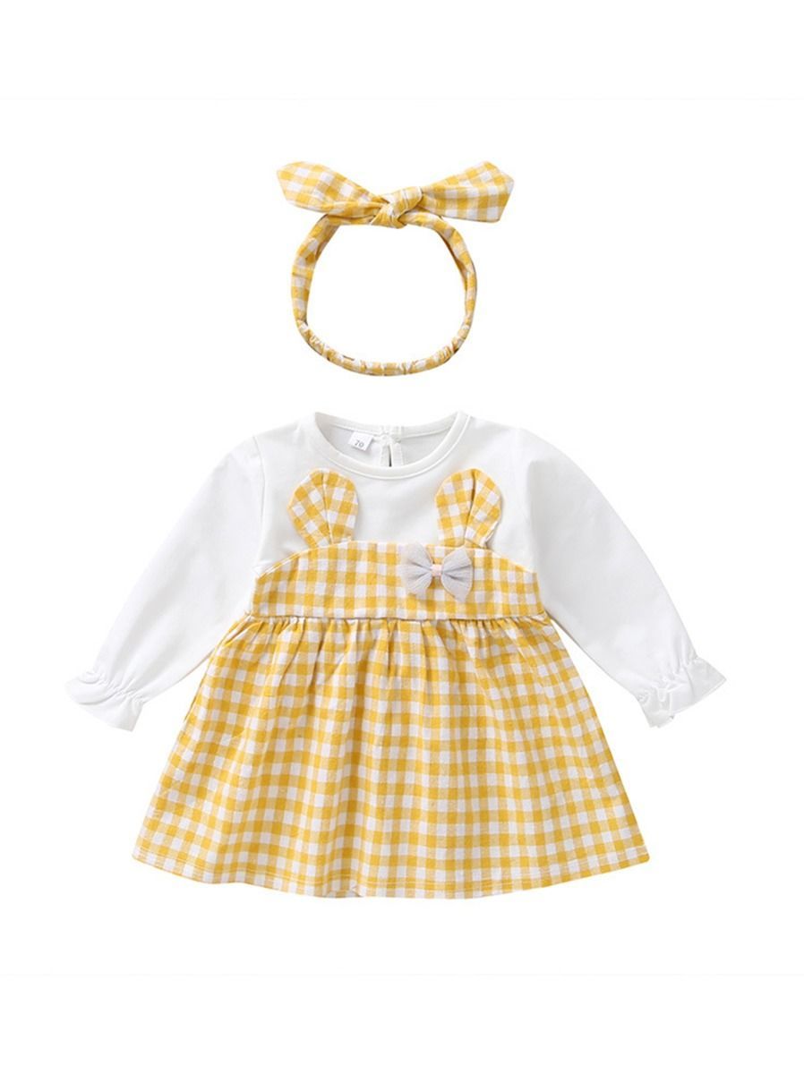 Fall Baby Girl Cute Outfit 2-Piece Plaid Dress Matching Headband - dianjiang-
