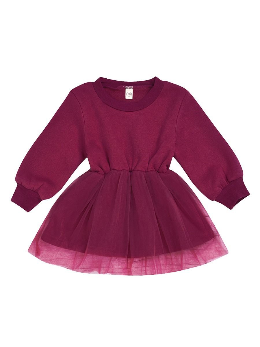 Fall Baby Little Girl Mesh Patchwork Crimson Dress - dianjiang-