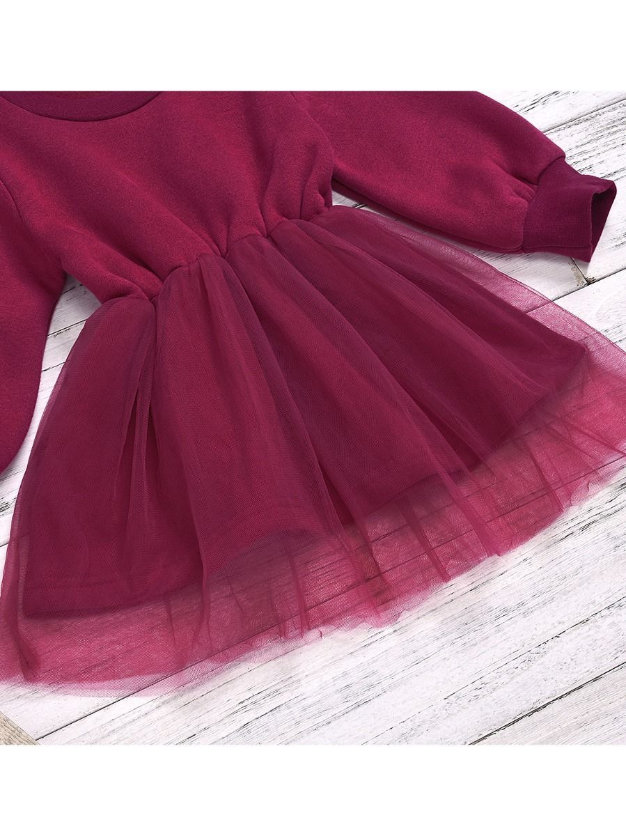 Fall Baby Little Girl Mesh Patchwork Crimson Dress - dianjiang-