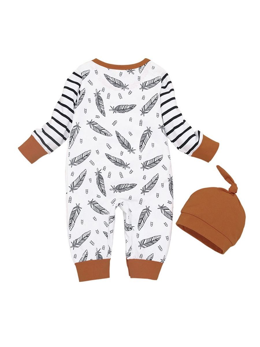 Fall 2-Piece Feather Stripe Overall Matching Hat Set - dianjiang-