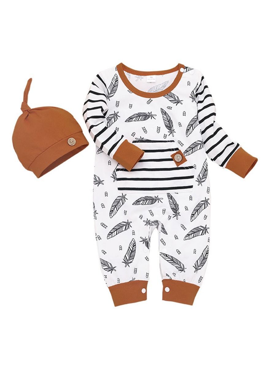 Fall 2-Piece Feather Stripe Overall Matching Hat Set - dianjiang-