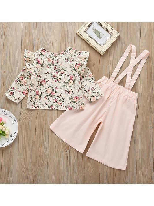 Fall 2-Piece Flower Top & Pink Suspender Pants Set - dianjiang-