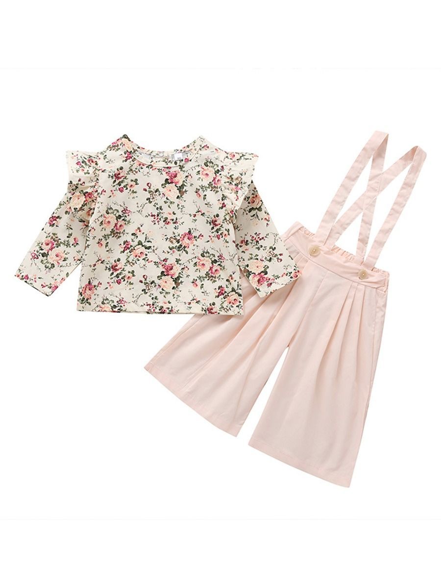 Fall 2-Piece Flower Top & Pink Suspender Pants Set - dianjiang-