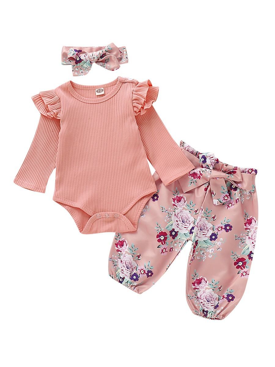 Fall 3-Piece Set Baby Girl Ruffled Sleeve Ribbed Romper and Pants and Headband - dianjiang-