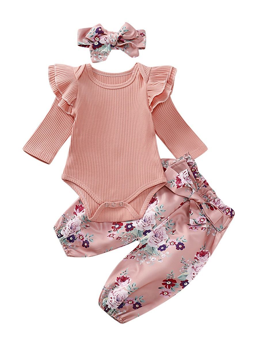 Fall 3-Piece Set Baby Girl Ruffled Sleeve Ribbed Romper and Pants and Headband - dianjiang-