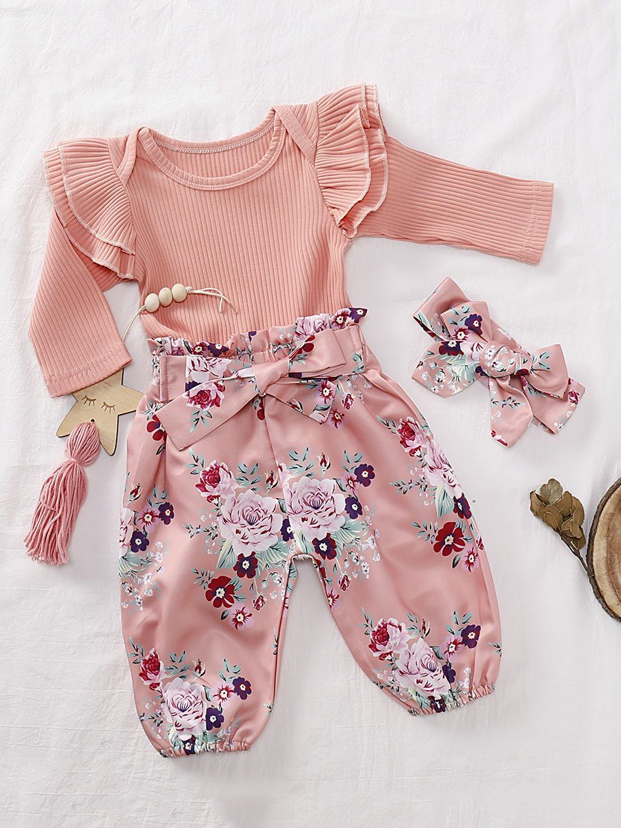Fall 3-Piece Set Baby Girl Ruffled Sleeve Ribbed Romper and Pants and Headband - dianjiang-