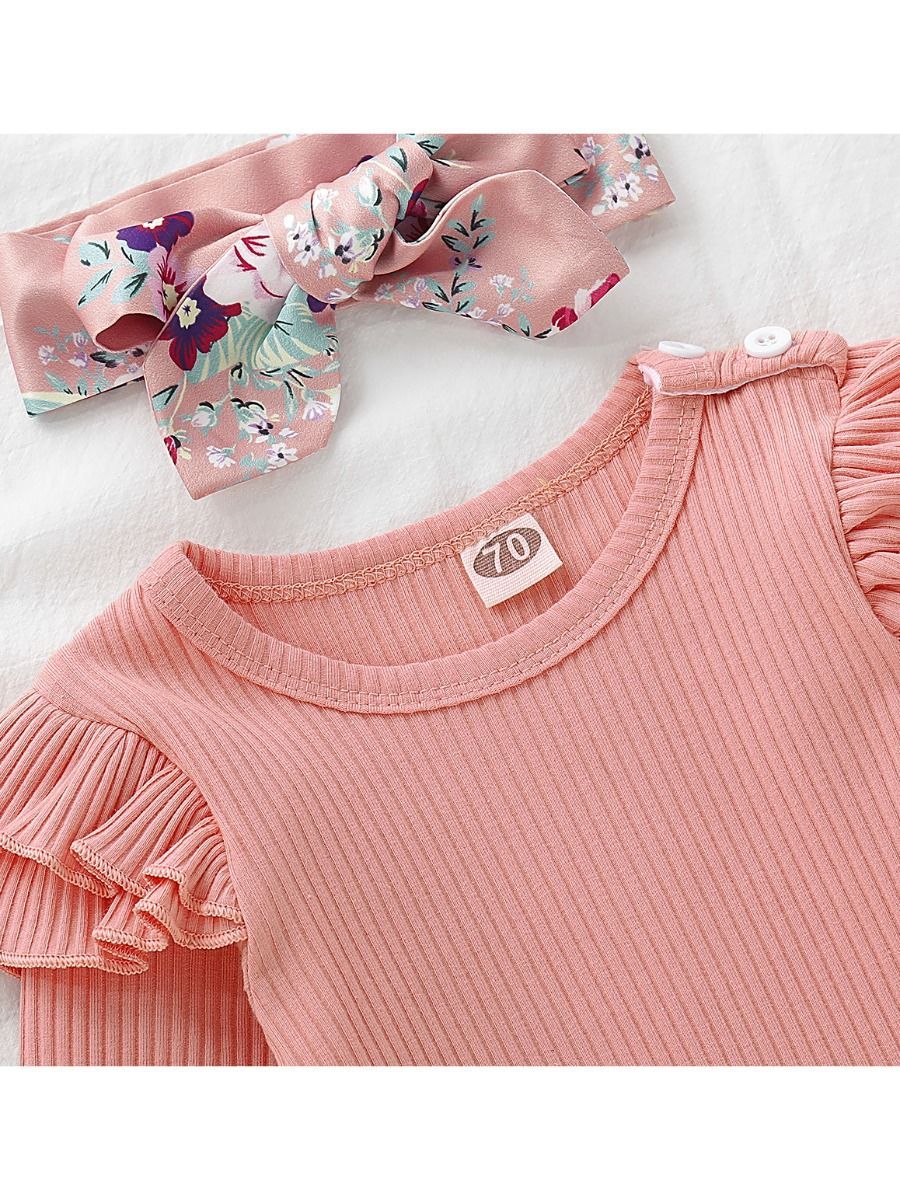 Fall 3-Piece Set Baby Girl Ruffled Sleeve Ribbed Romper and Pants and Headband - dianjiang-