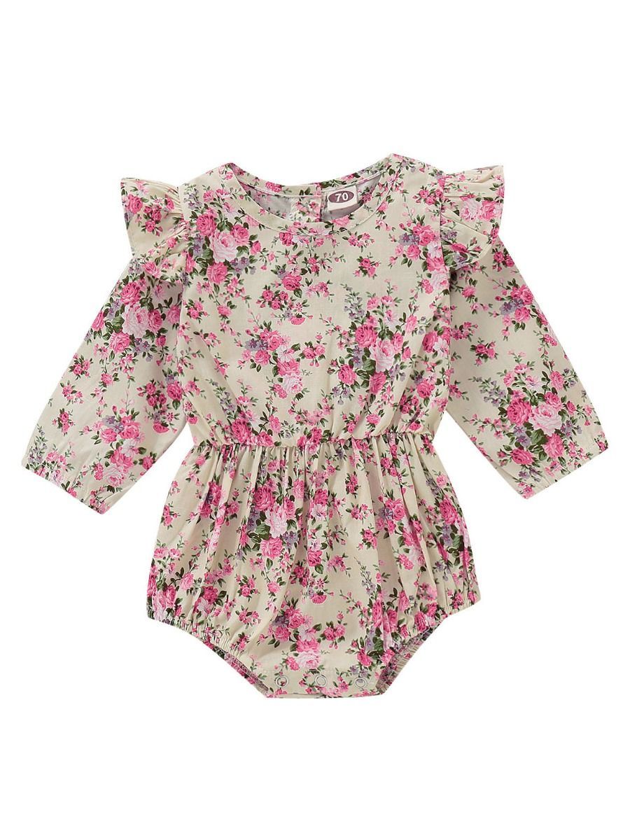 Fall Ruffle Shoulder Floral Pattern Bodysuit Baby Girl Onesie - dianjiang-