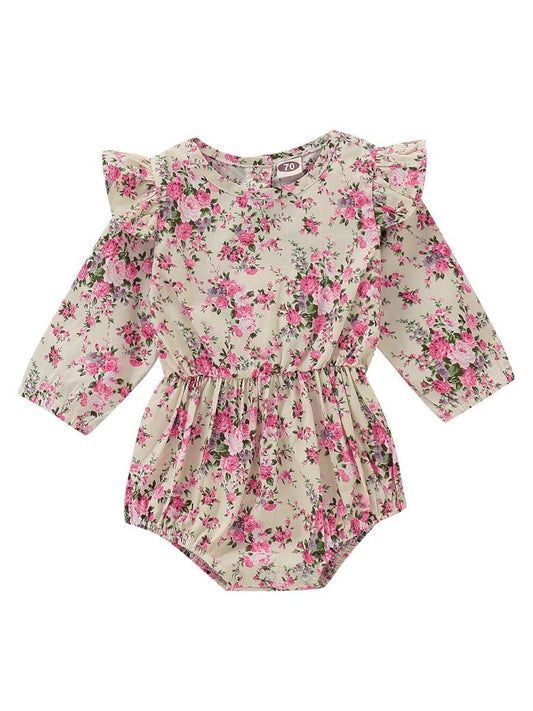 Fall Ruffle Shoulder Floral Pattern Bodysuit Baby Girl Onesie - dianjiang-