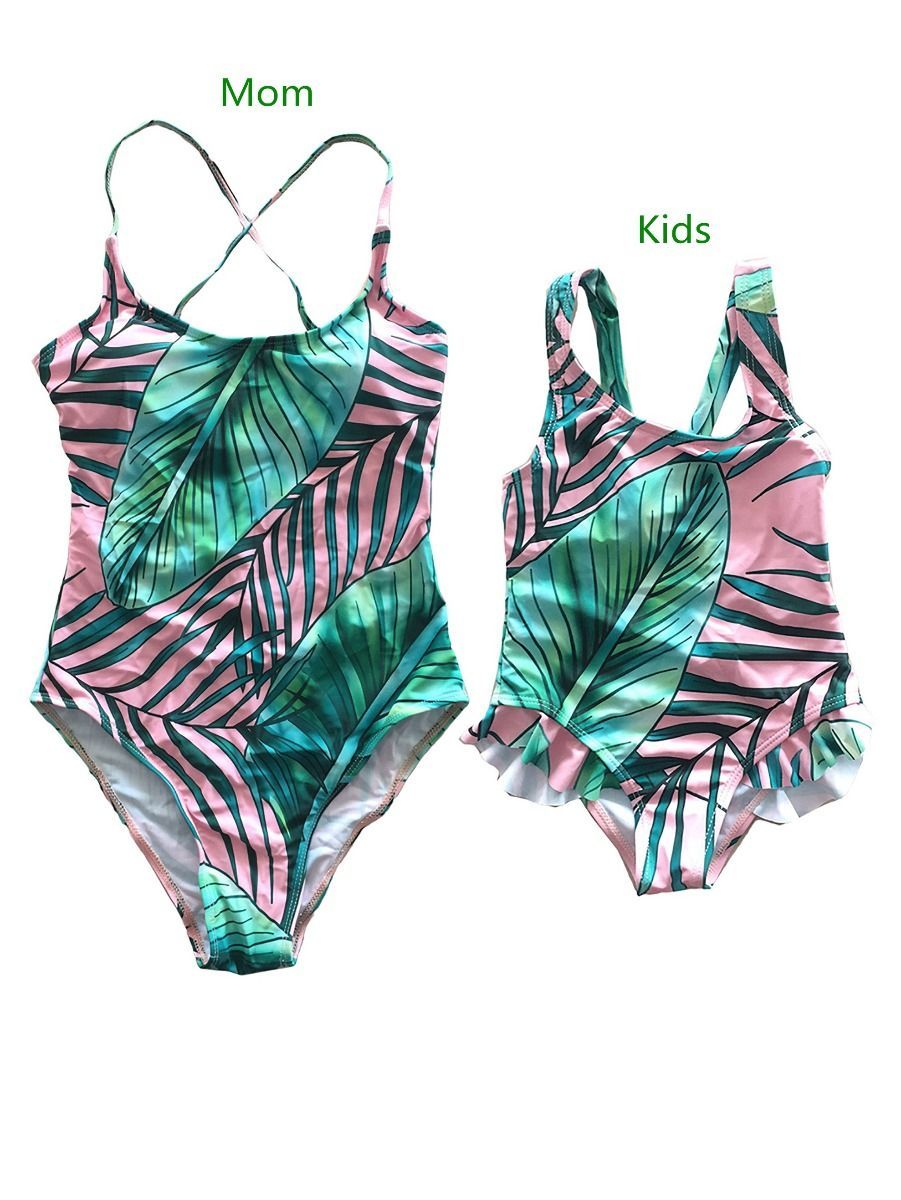 Family Matching Leaf Print One-Piece Bikini for Mom and Daughter - dianjiang-