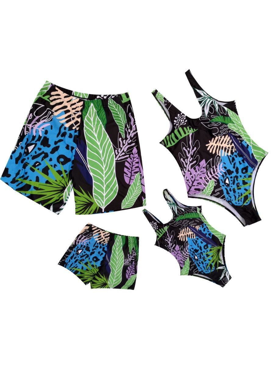 Family Matching Selva Leaf Print Swimming Suit Beach Wear - dianjiang-