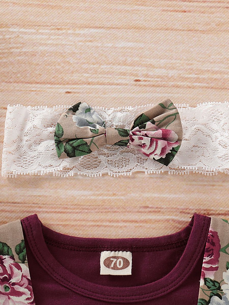 Fashion Baby 3-Piece Outfits Flutter Sleeve Bodysuit+Flower Skirt+Headband - dianjiang-