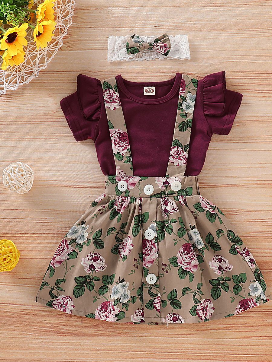 Fashion Baby 3-Piece Outfits Flutter Sleeve Bodysuit+Flower Skirt+Headband - dianjiang-