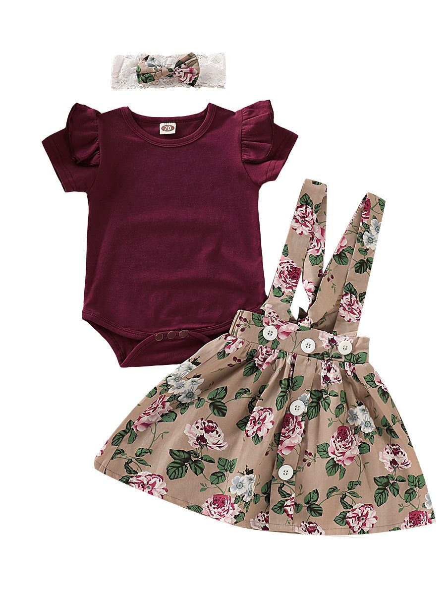 Fashion Baby 3-Piece Outfits Flutter Sleeve Bodysuit+Flower Skirt+Headband - dianjiang-
