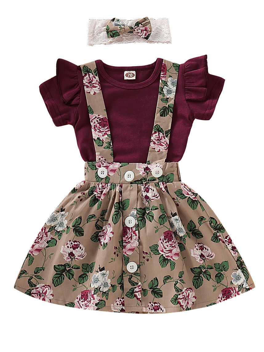 Fashion Baby 3-Piece Outfits Flutter Sleeve Bodysuit+Flower Skirt+Headband - dianjiang-