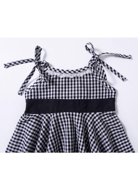 Fashion Baby Girl Lace-hem Sleeveless Lace-up Checked Summer Dress - dianjiang-