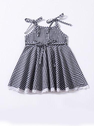 Fashion Baby Girl Lace-hem Sleeveless Lace-up Checked Summer Dress - dianjiang-