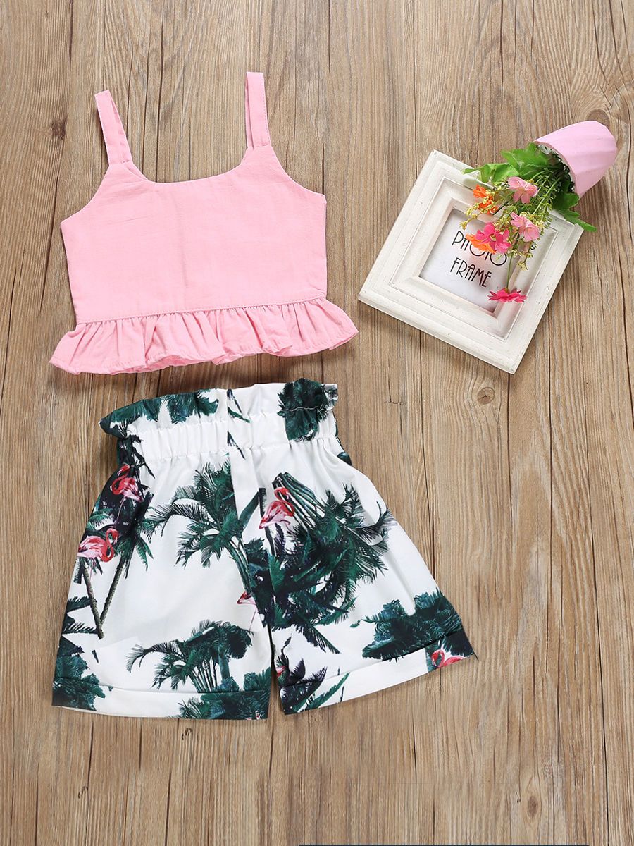 Fashion Baby Little Girl Outfits Buttoned Frilled Top+Flamingo Leaf Print Short Pants - dianjiang-