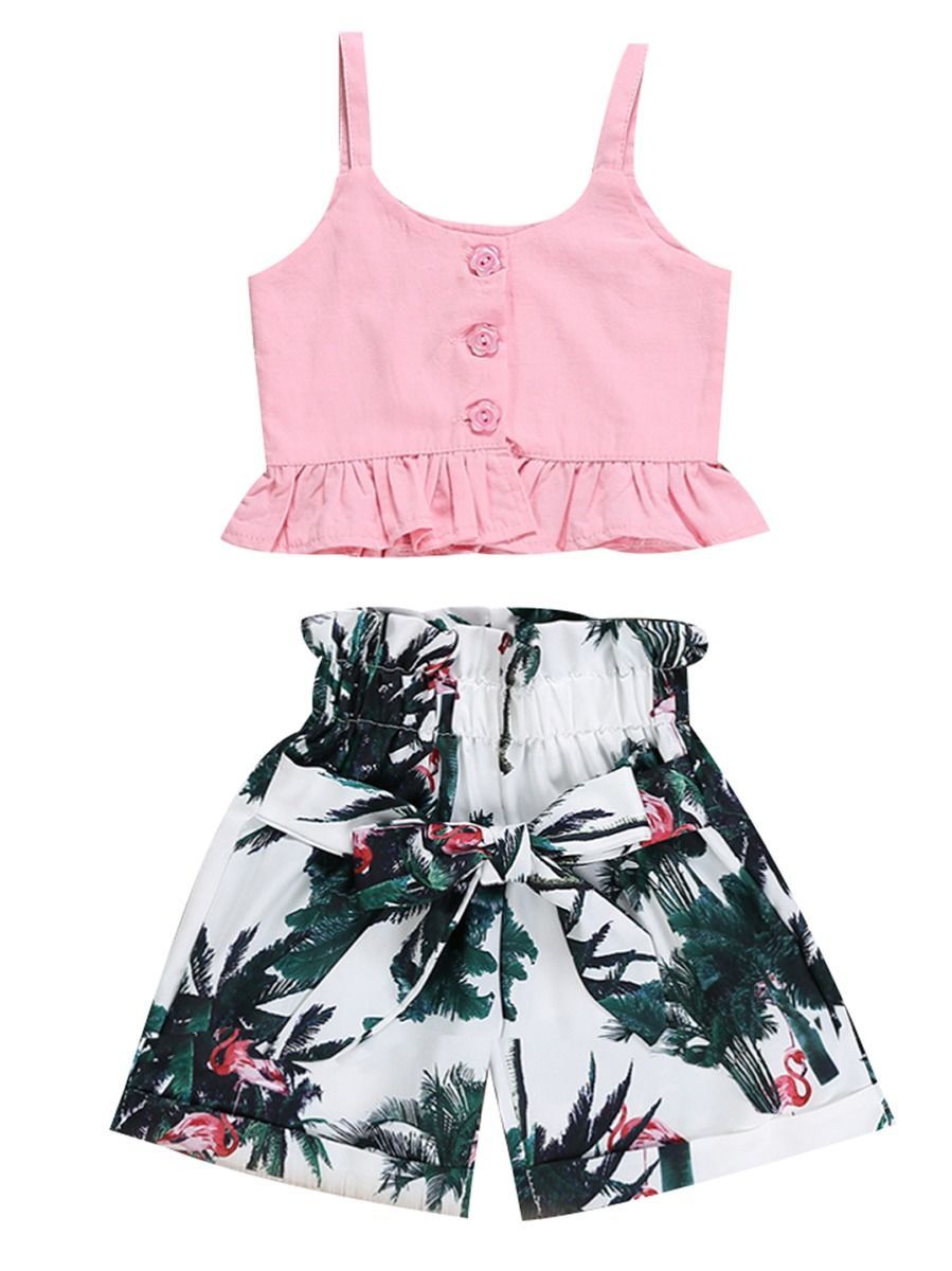 Fashion Baby Little Girl Outfits Buttoned Frilled Top+Flamingo Leaf Print Short Pants - dianjiang-