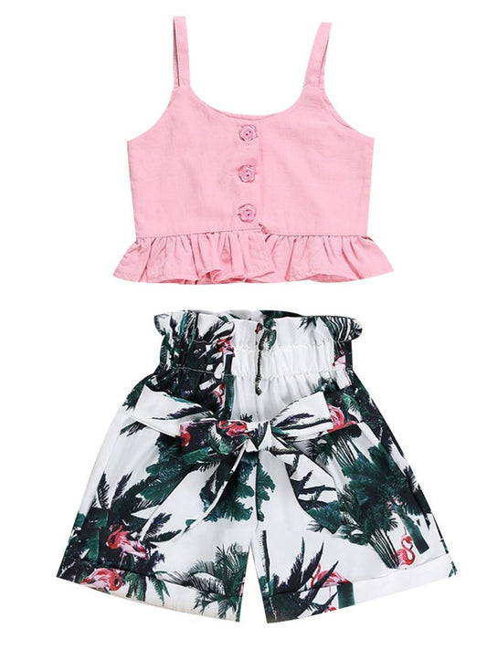 Fashion Baby Little Girl Outfits Buttoned Frilled Top+Flamingo Leaf Print Short Pants - dianjiang-