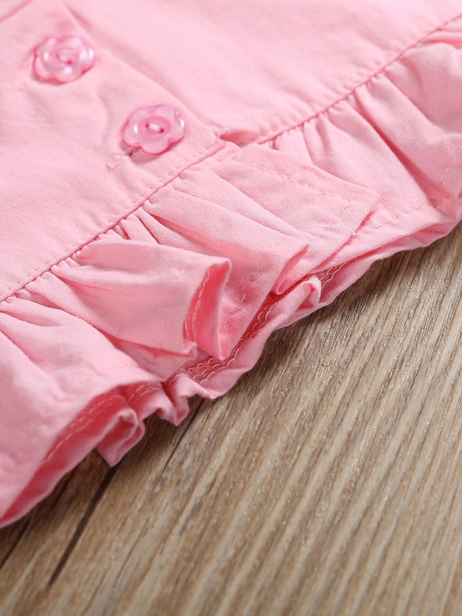 Fashion Baby Little Girl Outfits Buttoned Frilled Top+Flamingo Leaf Print Short Pants - dianjiang-