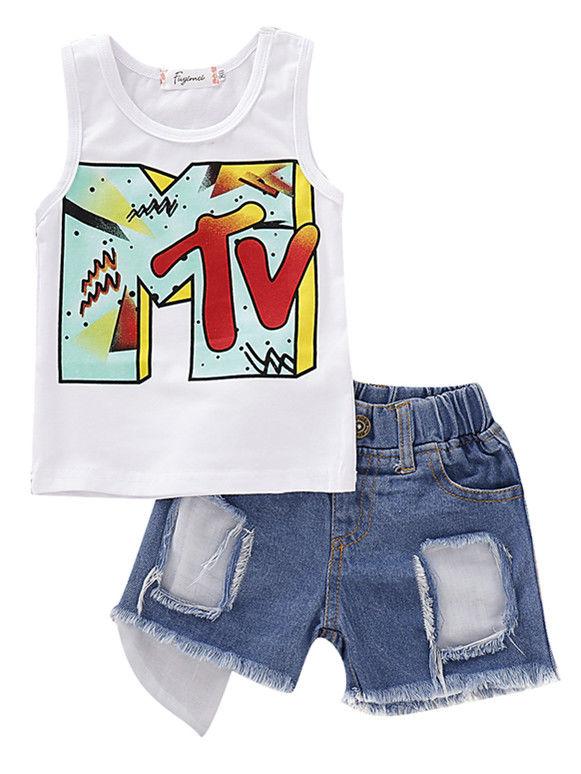 Fashion Baby Kids Outfit Tank Top+Ripped Fringe-hem Short Jeans - dianjiang-