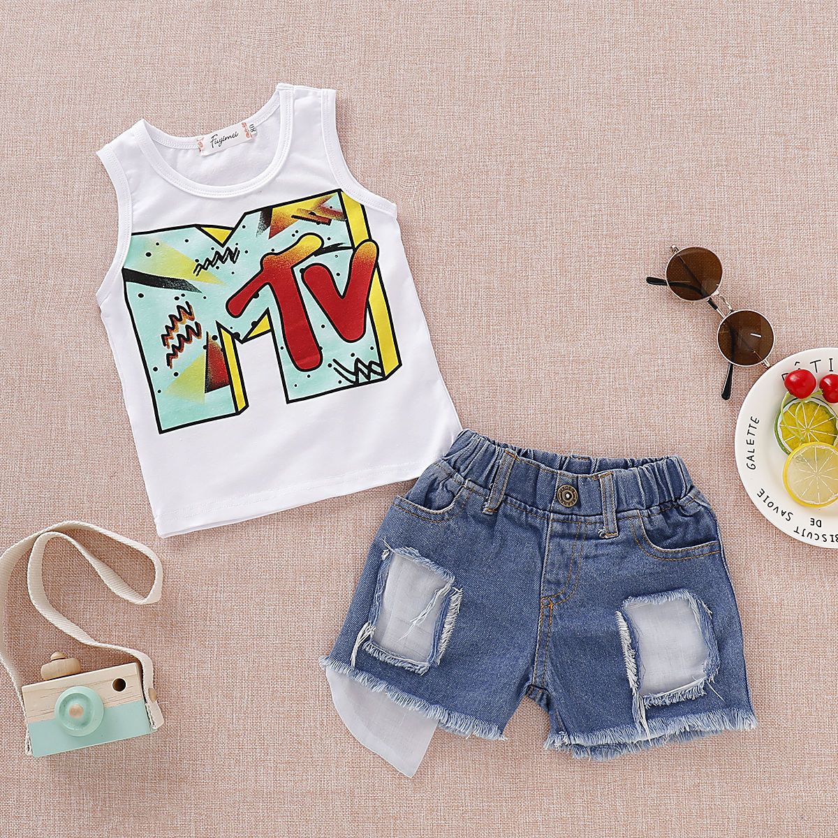Fashion Baby Kids Outfit Tank Top+Ripped Fringe-hem Short Jeans - dianjiang-