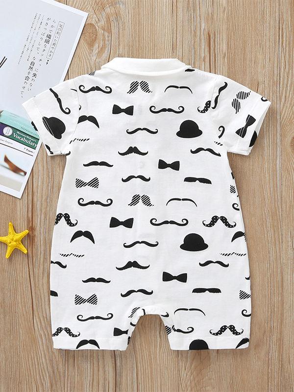 Fashion Baby Mustache Print Turn-down Collar Snap-up Shortalls with Bow Tie - dianjiang-