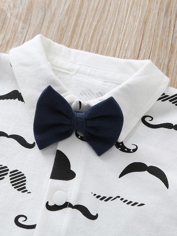 Fashion Baby Mustache Print Turn-down Collar Snap-up Shortalls with Bow Tie - dianjiang-