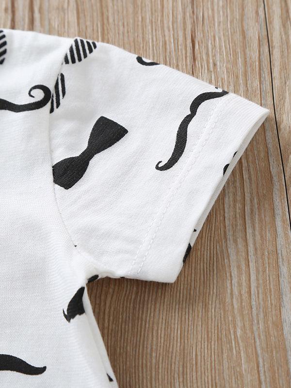 Fashion Baby Mustache Print Turn-down Collar Snap-up Shortalls with Bow Tie - dianjiang-