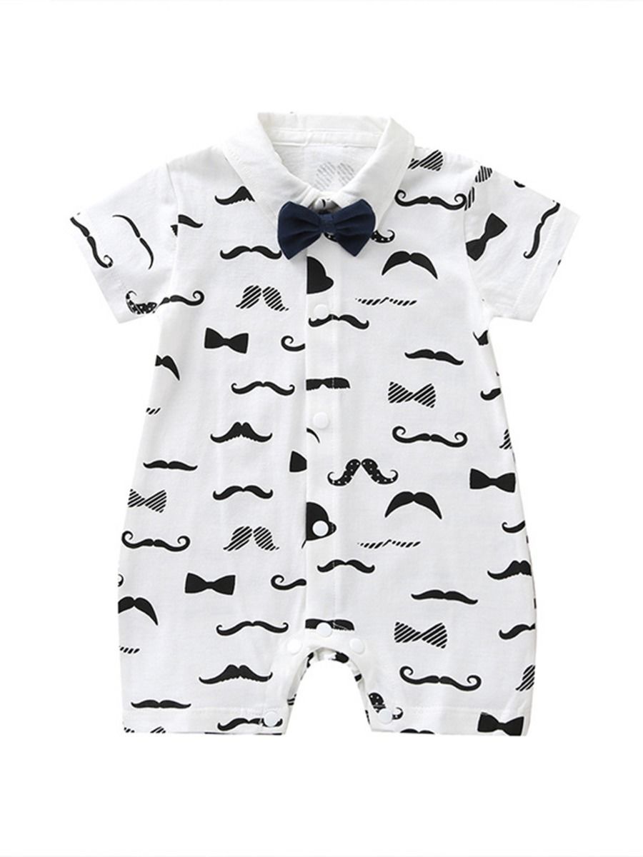 Fashion Baby Mustache Print Turn-down Collar Snap-up Shortalls with Bow Tie - dianjiang-