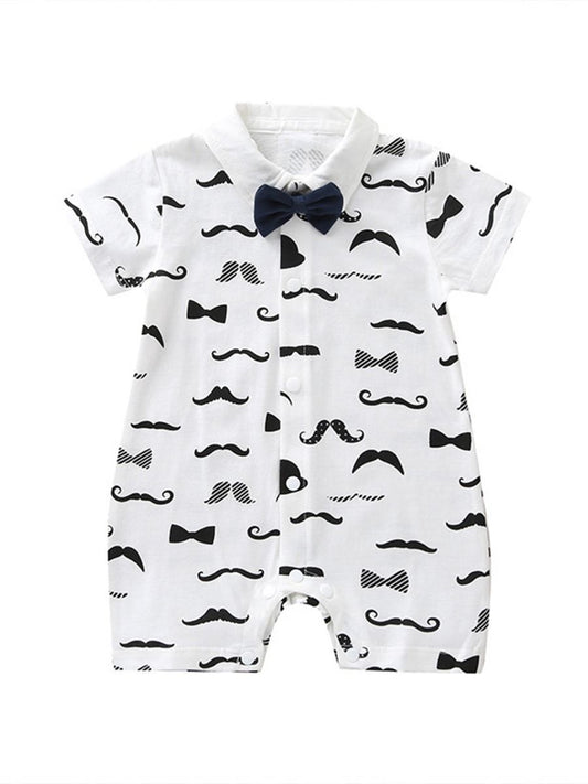Fashion Baby Mustache Print Turn-down Collar Snap-up Shortalls with Bow Tie - dianjiang-