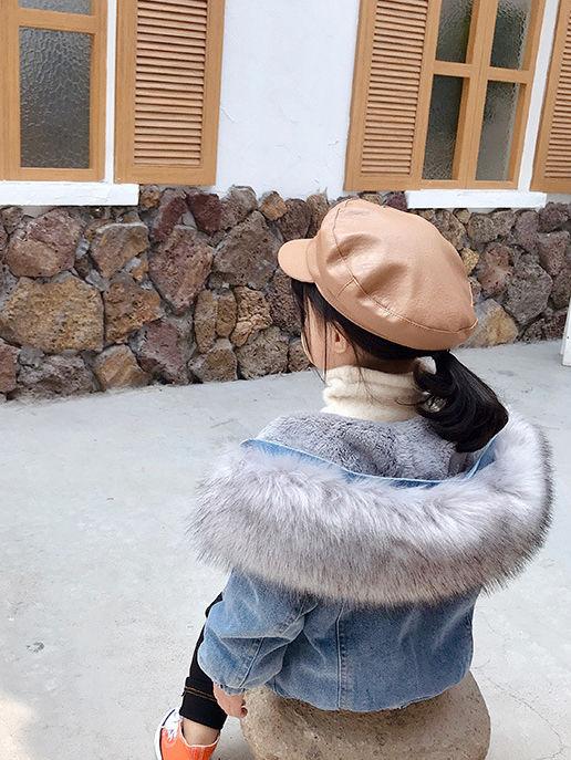 2 Colors Fashion Baby Toddler  Winter Fur Denim Jacket Pink and Gray - dianjiang-