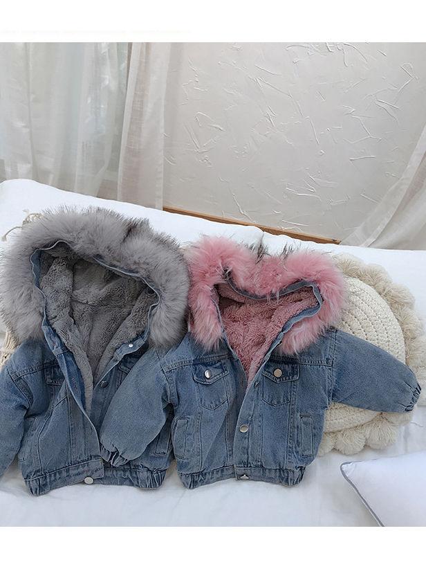 2 Colors Fashion Baby Toddler  Winter Fur Denim Jacket Pink and Gray - dianjiang-