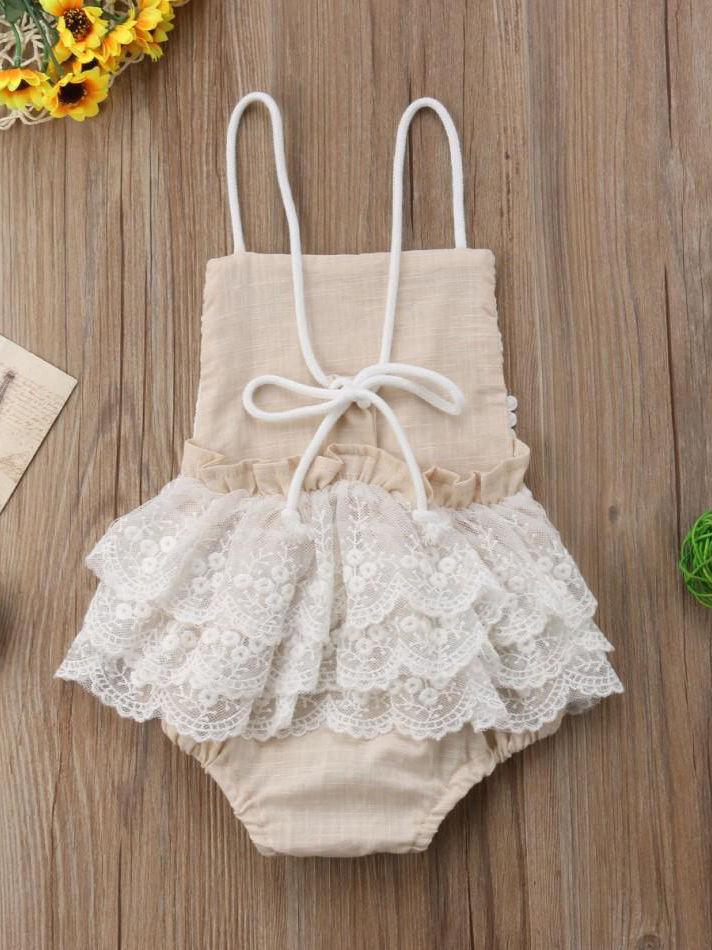 Fashion Lace Trim Tie Backless Girls Baby Romper - dianjiang-