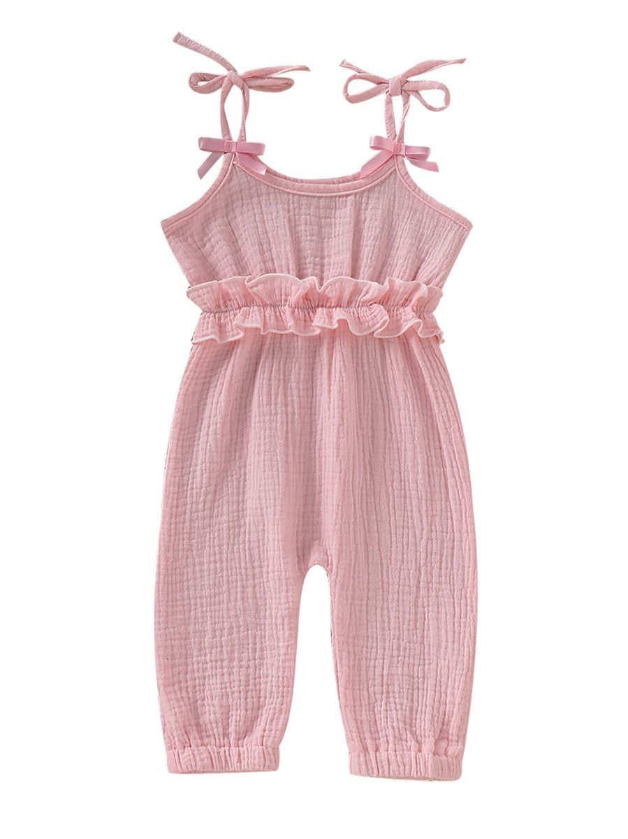 Fashion Bow Solid Color Tie Baby Muslin Overalls - dianjiang-