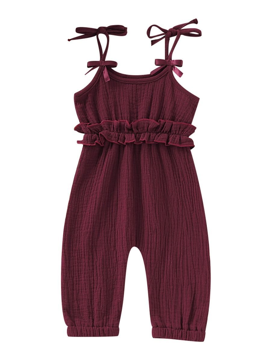 Fashion Bow Solid Color Tie Baby Muslin Overalls - dianjiang-