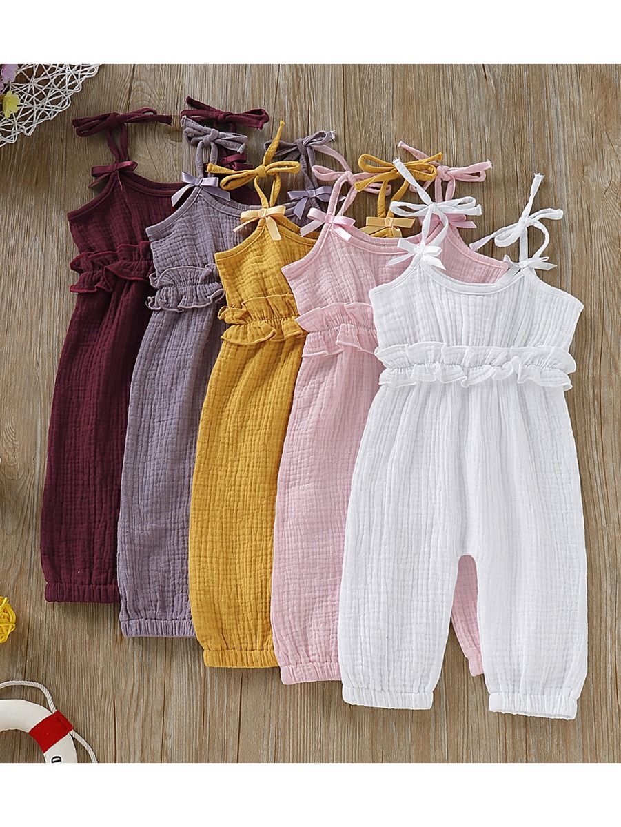 Fashion Bow Solid Color Tie Baby Muslin Overalls - dianjiang-