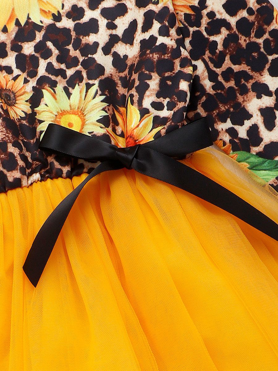 Fashion Girl Sunflower Leopard Print Mesh Patchwork Dress - dianjiang-