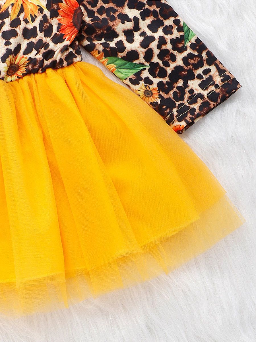 Fashion Girl Sunflower Leopard Print Mesh Patchwork Dress - dianjiang-